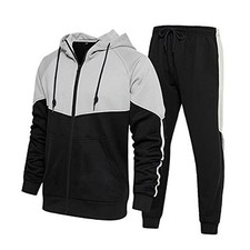 Men's Hooded Athletic Tracksuit Sweatsuit Long Sleeve Full-Zip Medium Black