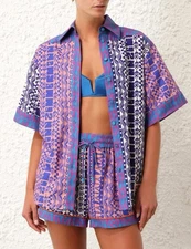 ZIMMERMANN- 1 (AU 10/US 6)-ACADIAN GEOMETRIC PURPLE PRINT LINEN SHIRT BLOUSE TOP