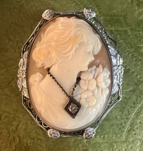 Antique Sterling Silver & Natural Diamond Habille Shell Cameo Brooch Pin