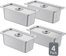 4 Pack Stainless Steel Steam Table Pans with Lids, 1/3 Size 6  Deep Hotel Pans f