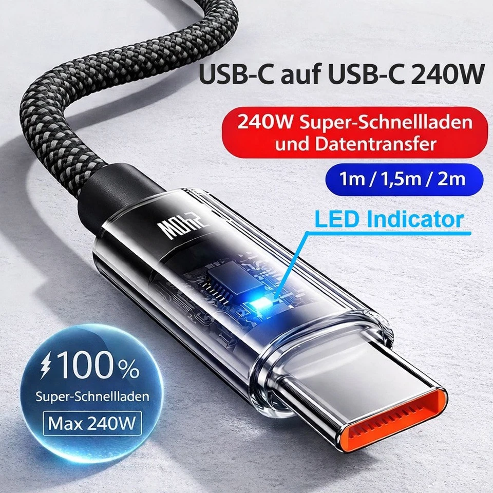 USB-C zu C Daten Schnellladekabel 240W PD3.1 Macbook Samsung Xiaomi Huawei iPhon - Bild 1 von 4