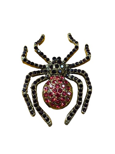 NWOT Brooch Pin Red And Black Rhinestones Spider Tarantula Gold Tone Metal 2”