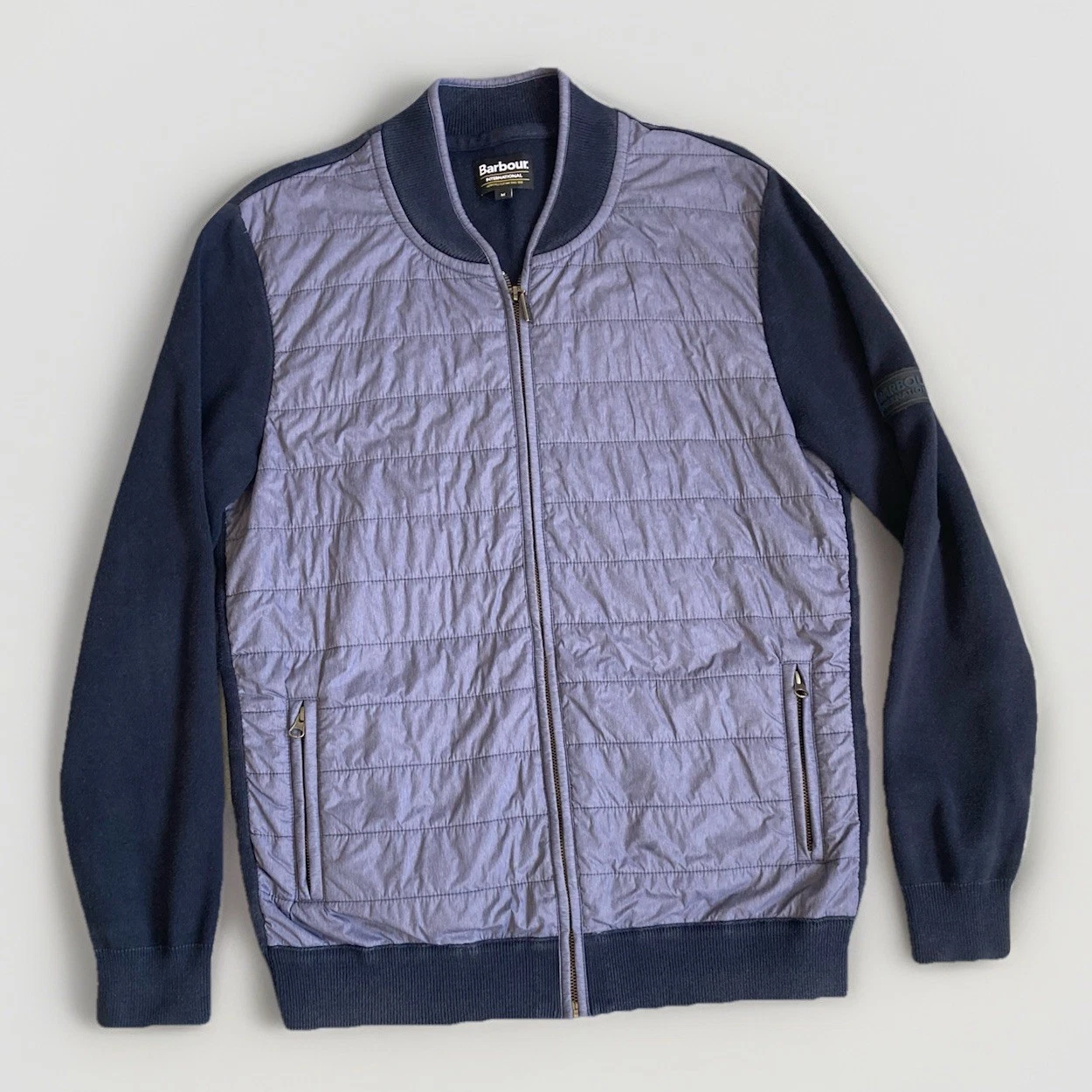 Barbour International Baffle Hybrid Bomber Jacket Cool Blue/Navy Size M Full Zip