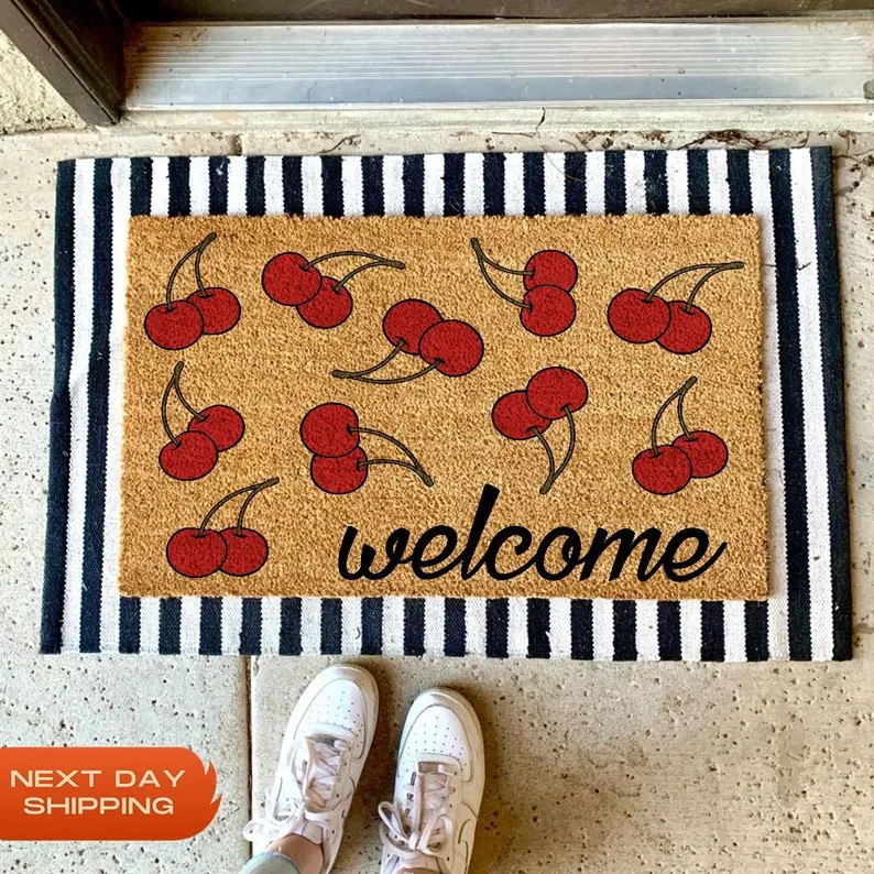Cherries Welcome Doormat, Summer Coir Mat, Colorful Front Door Housewarming Gift