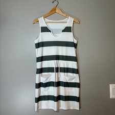 Unbranded Green and White Striped Sleeveless Drawstring Waist Dress Small