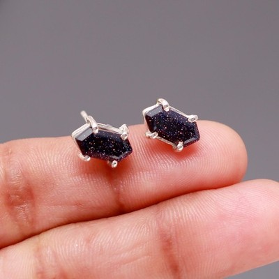 100% Natural Blue Sandstone Hexagon Stud Earrings 925 Sterling Silver Jewelry