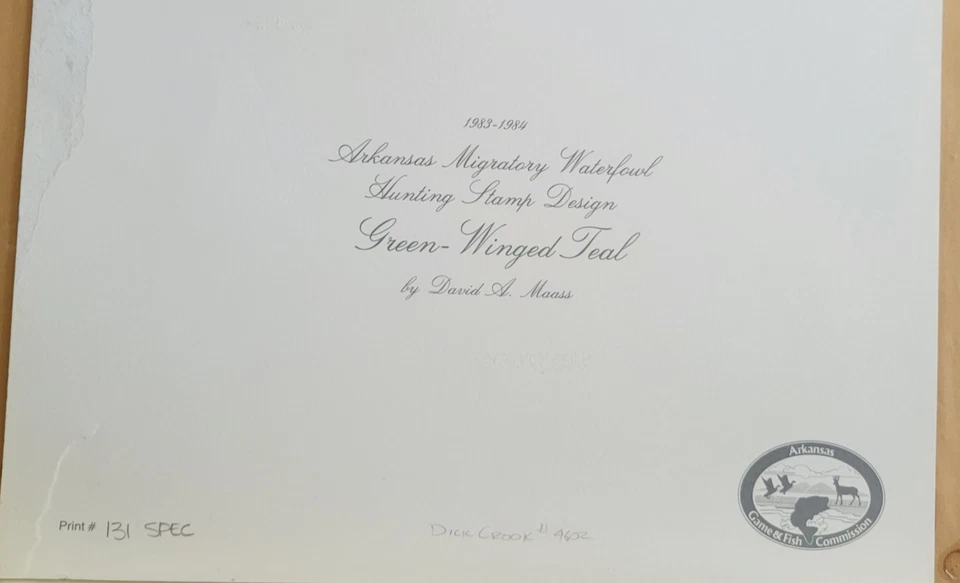 Signed 1983 Arkansas Teal Duck Stamp Print  2 Stamps 131/600 David Maass 17" - Image 3 of 4