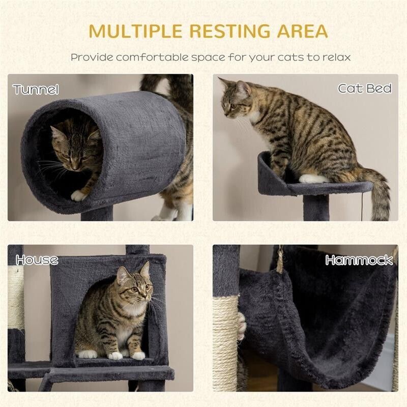 Tiragraffi per gatti con casetta, amaca, tunnel, letto 48x48x125 cm grigio foto 4