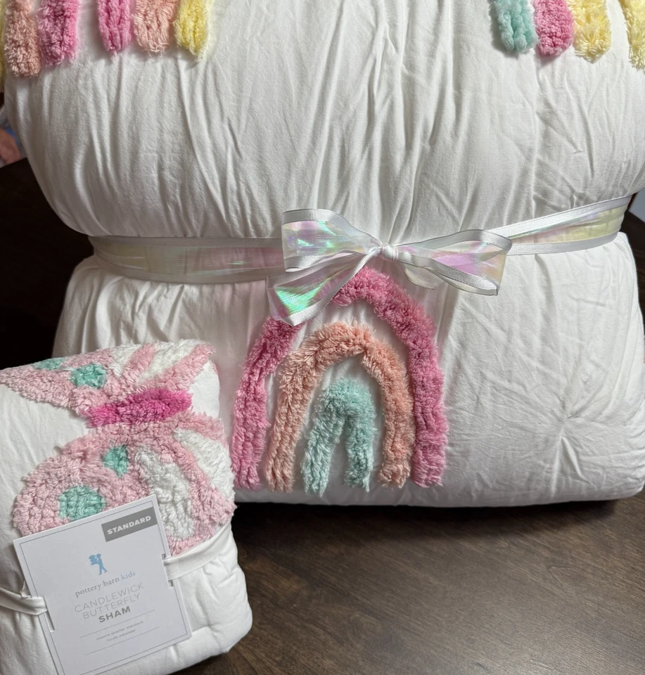 POTTERY BARN KIDS CANDLEWICK ~ ARCO IRIS Y MARIPOSA ~ JUEGO DE EDREDÓN, DOBLE/ESTÁNDAR Foto 2 de 4