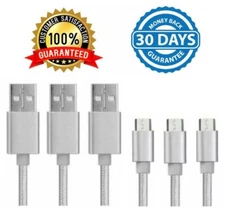 3x Micro USB Nylon Braided Charging Cords Silver 6-ft For Android Samsung Phones
