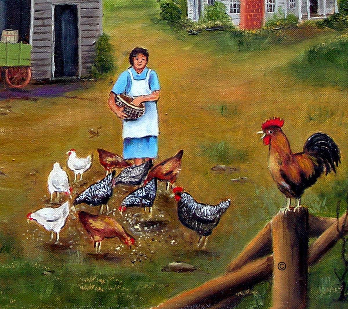 Primitive Folk Art Print Farm Scene Cow Chickens Sunrise Arie