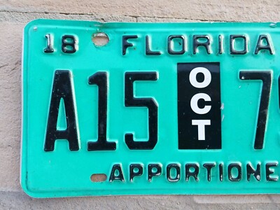 2018 Florida APPORTIONED Tin License Plate # A15 79Y Turquoise W