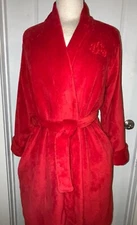 Ralph Lauren Red Plush Robe Bathrobe Monogram Logo Womens Size M Soft Cozy Shawl