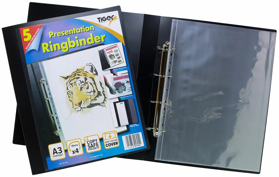 TIGER Black A3 Portrait 4D Presentation Ring Binder 50mm Spine + 5 Acid Free Sleeves