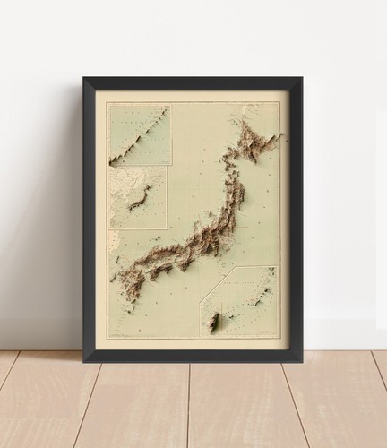 Mapa de Japón, mapa de alivio 2D de Japón, mapa vintage de Japón - plano 2D - Imagen 4 de 8