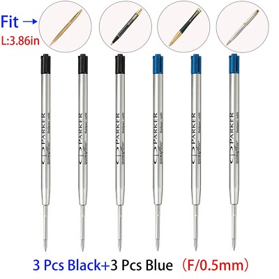 6Pcs Parker Quink Ball Refills 3 Black+3 Blue Fits My Store Ballpoint Pens