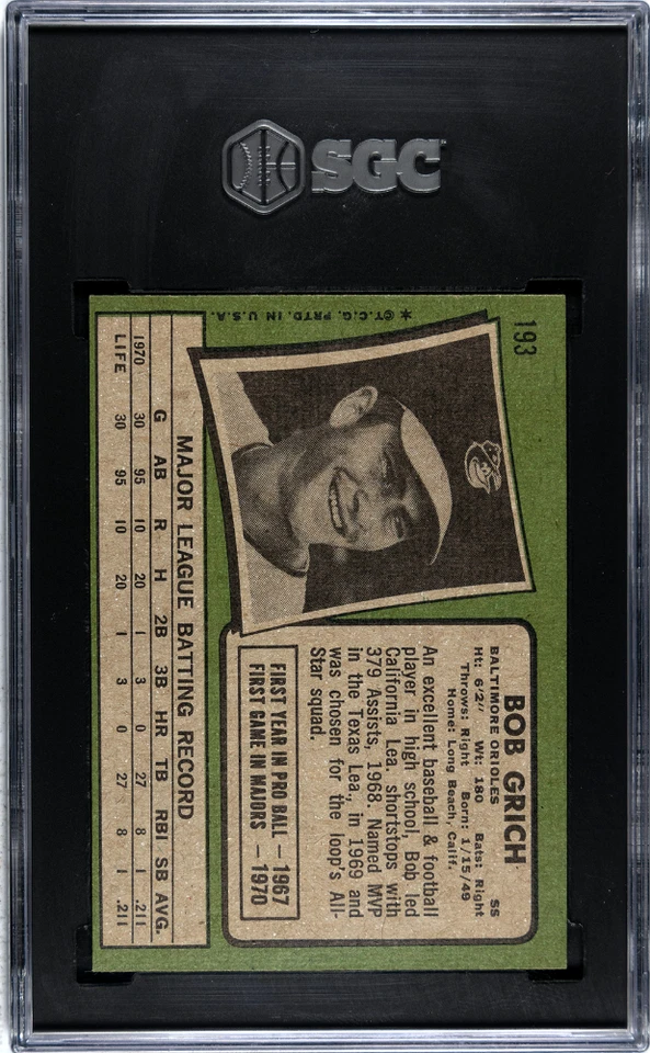 1971 Topps #193 Bobby Grich - ROOKIE - Orioles - NM+ SGC 7/SGC 8 = SGC 7.5 - Imagem 2 de 2