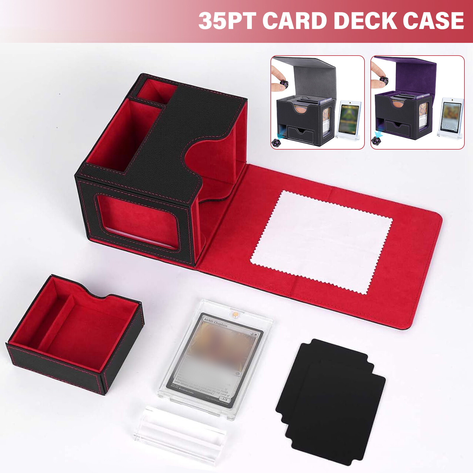 PU Card Deck Case Trading Card Storage Box W/1PC 35PT Card Protect Holder& Stand