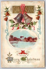 A Very Merry Christmas Embossed DB Postcard Bells Snow Holly Home 