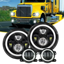 for Freightliner Coronado 7inch Round LED Headlights + 4inch LED Fog Light Combo