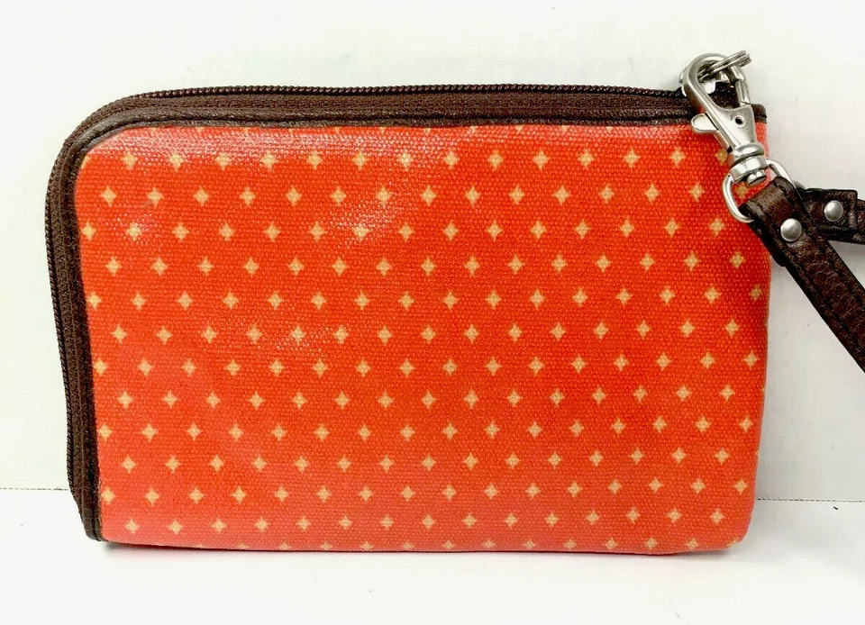 Carteira bolsa de mão laranja fóssil acabamento de couro lona pulseira - Imagem 2 de 4