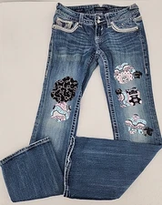 Vigoss New York Boot Cut Women's Jeans 1/2 Fabric Patches Upcycled Bling Custom