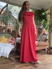 Vintage 1970s Maxi Dress Long Layered Red with Ruffle Detail Size 12 to 14