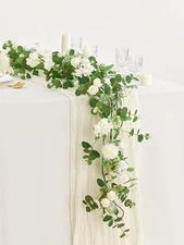  5.9Ft Eucalyptus Garland with Flowers, Artificial Fake Flower Greenery White