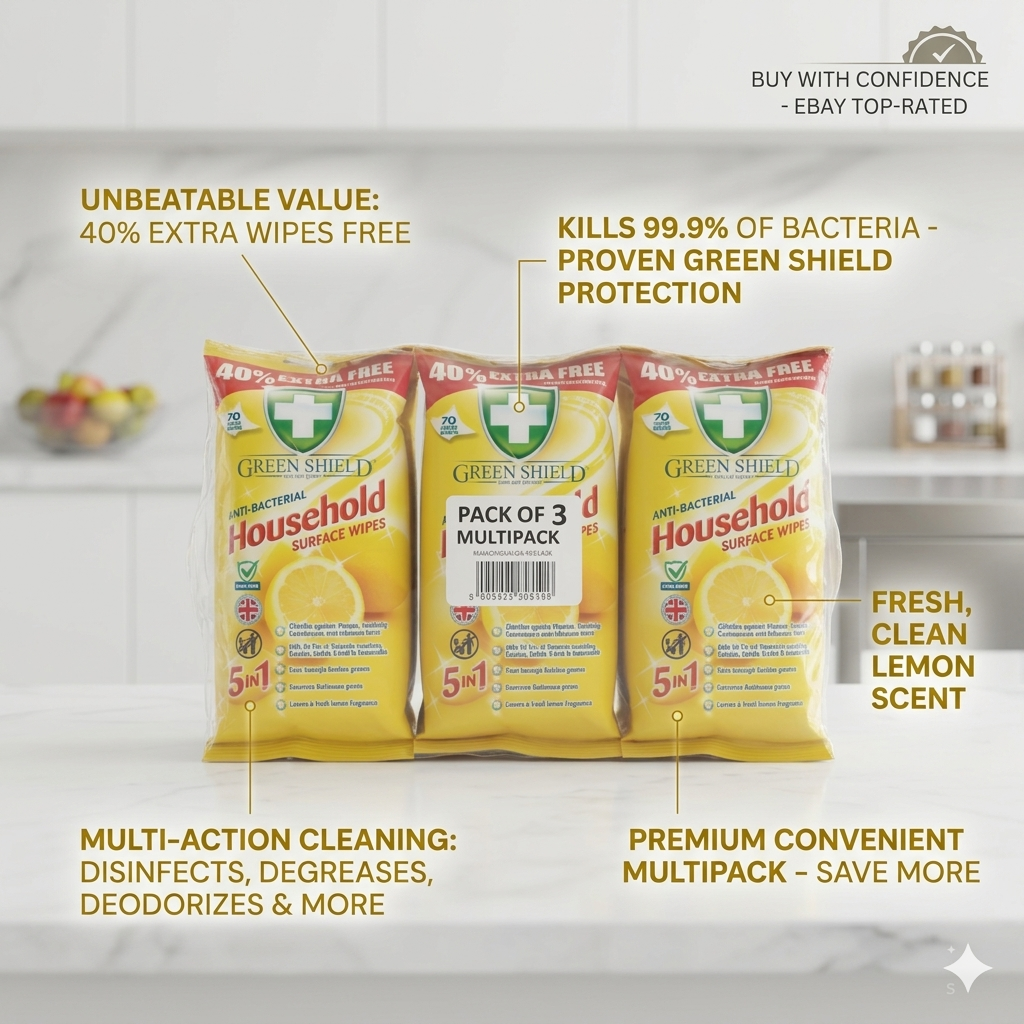 Pack of 3 GREEN SHIELD 70 LARGE HOUSEHOLD 99.9% ANTI BACTERIAL SURFACE WIPES