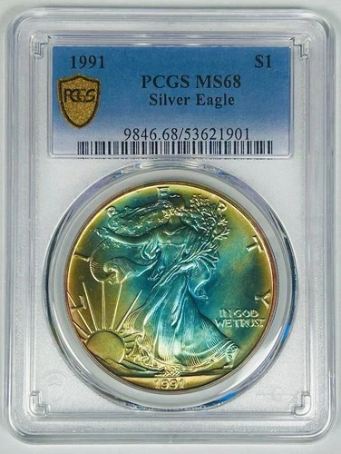 1991 American Silver $1 Eagle Coin Rainbow Tone PCGS MS 68