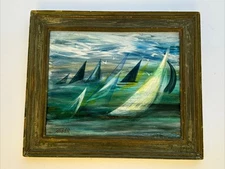 MAURICE SILBER PAINTING ABSTRACT NAUTICAL BOATS AMERICAN CUBISM 1950 MID CENTURY
