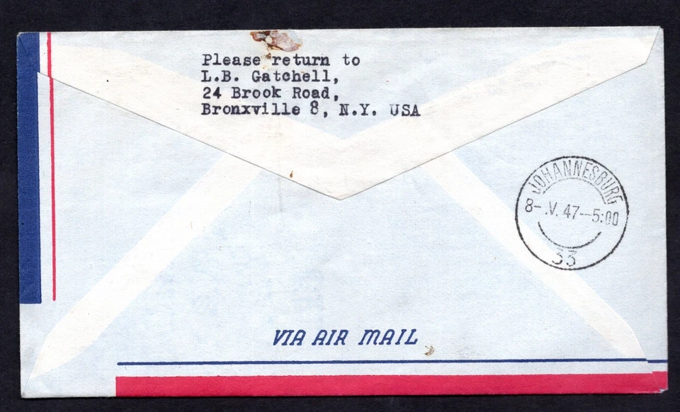 US TO SOUTH AFRICA 1947 FIRST FLIGHT N.Y. MORGAN STATION TO JOHANNESBURG SIGNED - Image 2 of 2