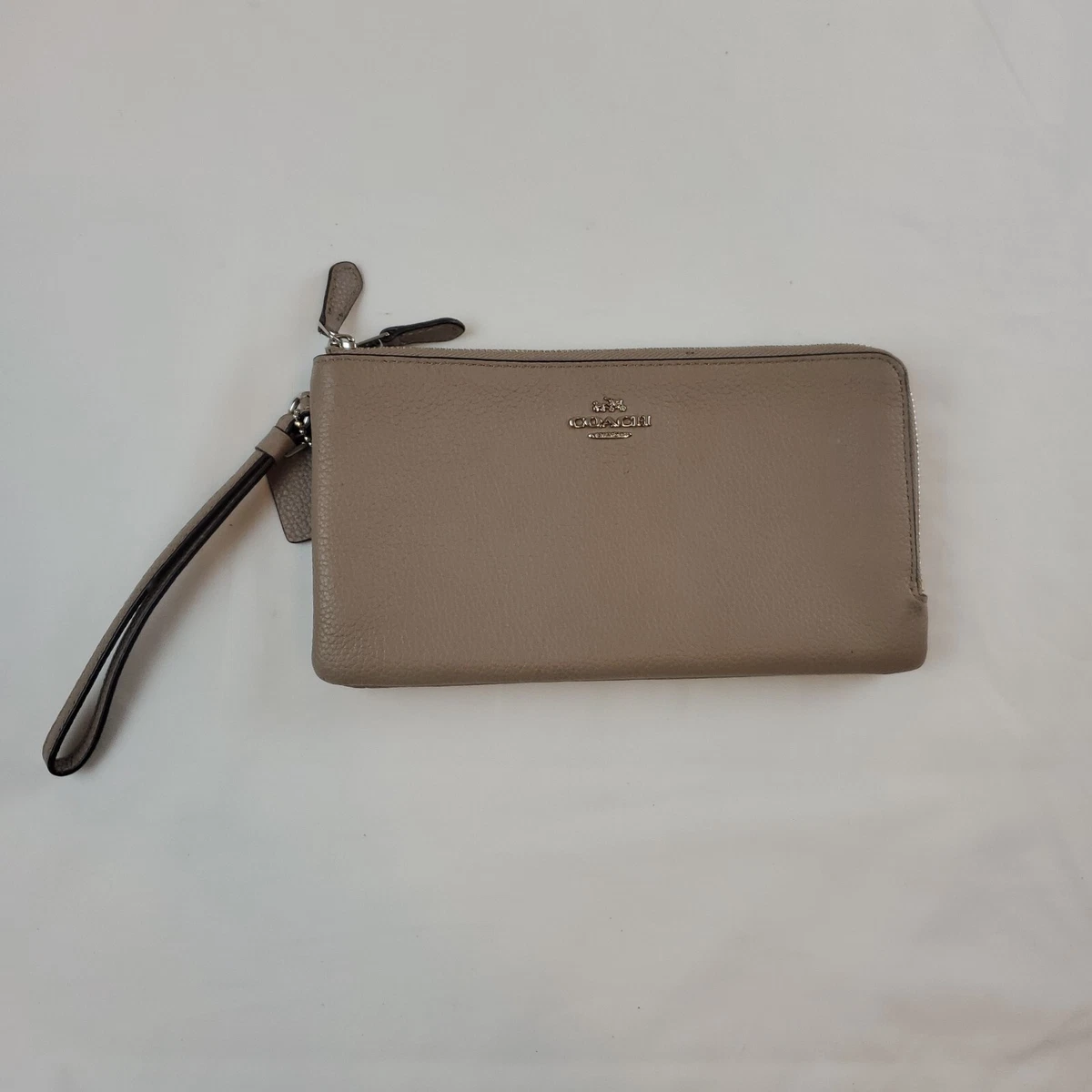 Coach Large Beige Tan Pebble Leather Double Corner Zip Wristlet 