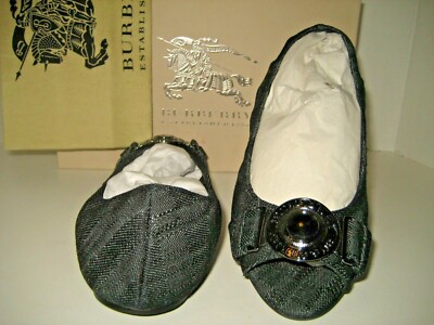 NEW Burberry Ballerina US 7.5 EU 38 Peep-Toe Navy Canvas Ballet Flat Shoes Box