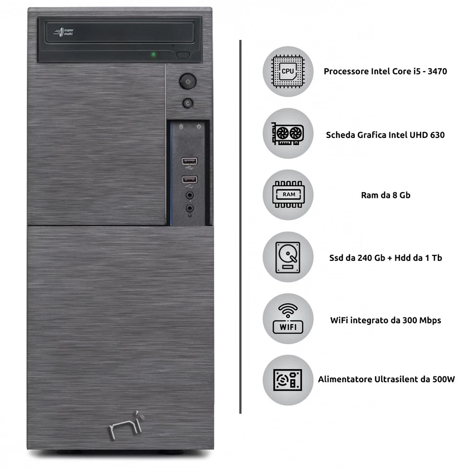 Pc fisso Computer i5 quad core windows 10 pro 8gb ram, ssd 240gb, hd 1tb, WiFi - Immagine 2 di 4