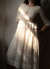 Antique Edwardian Empire Waist Sheer Ivory Cotton Dress