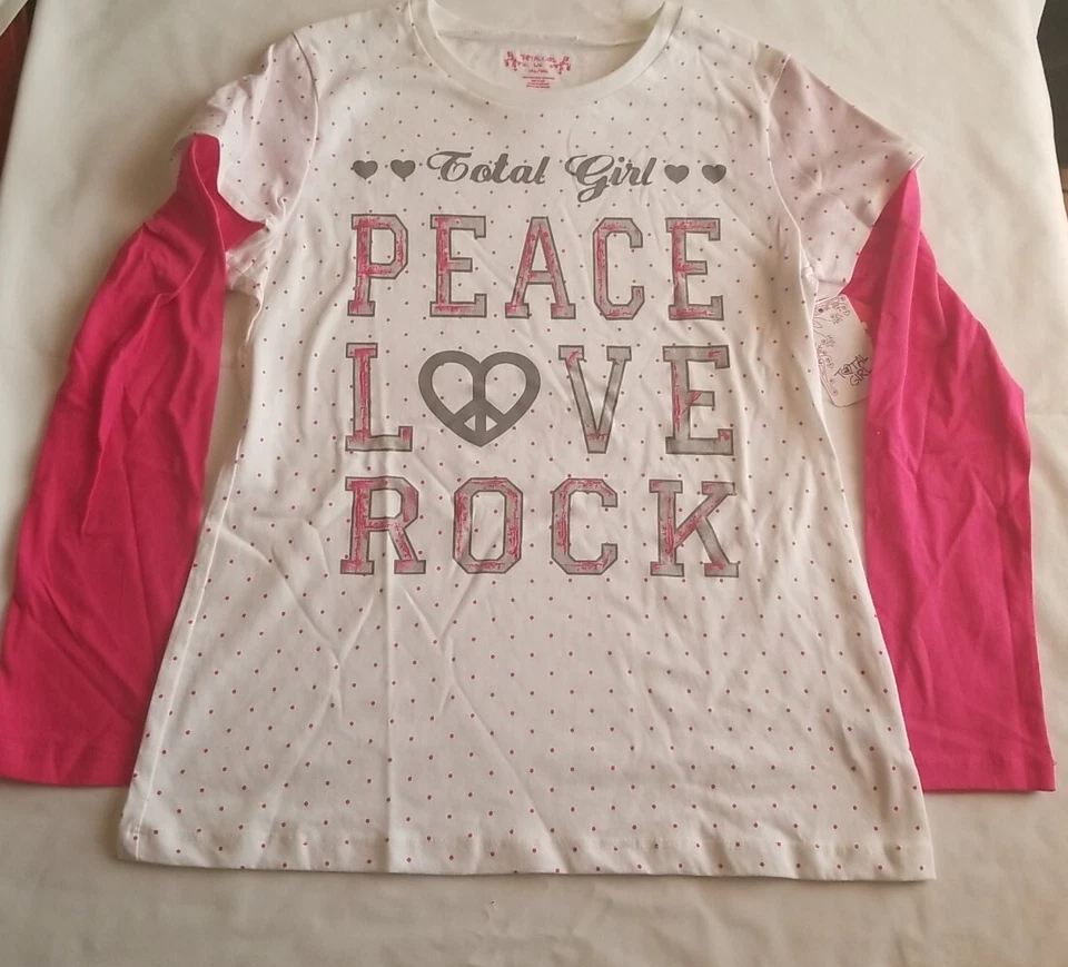 Camiseta TOTAL GIRL Peace Love Rock Junior para meninas manga comprida branca rosa tamanho G/G  - Imagem 2 de 4
