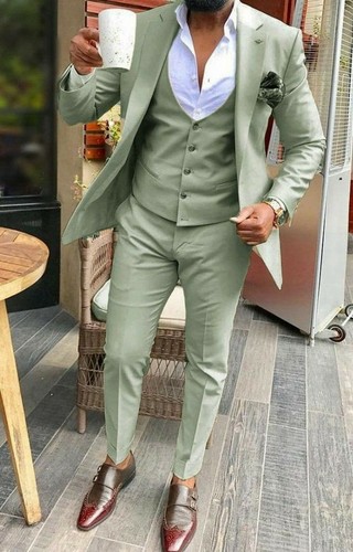 Mens Olive Green Suit 3 Piece Suit 