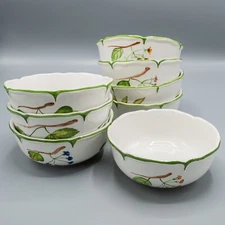 Vietri Italy Millefoglie Pottery Coupe Cereal Bowls Set of 8 Leaves Flower Green