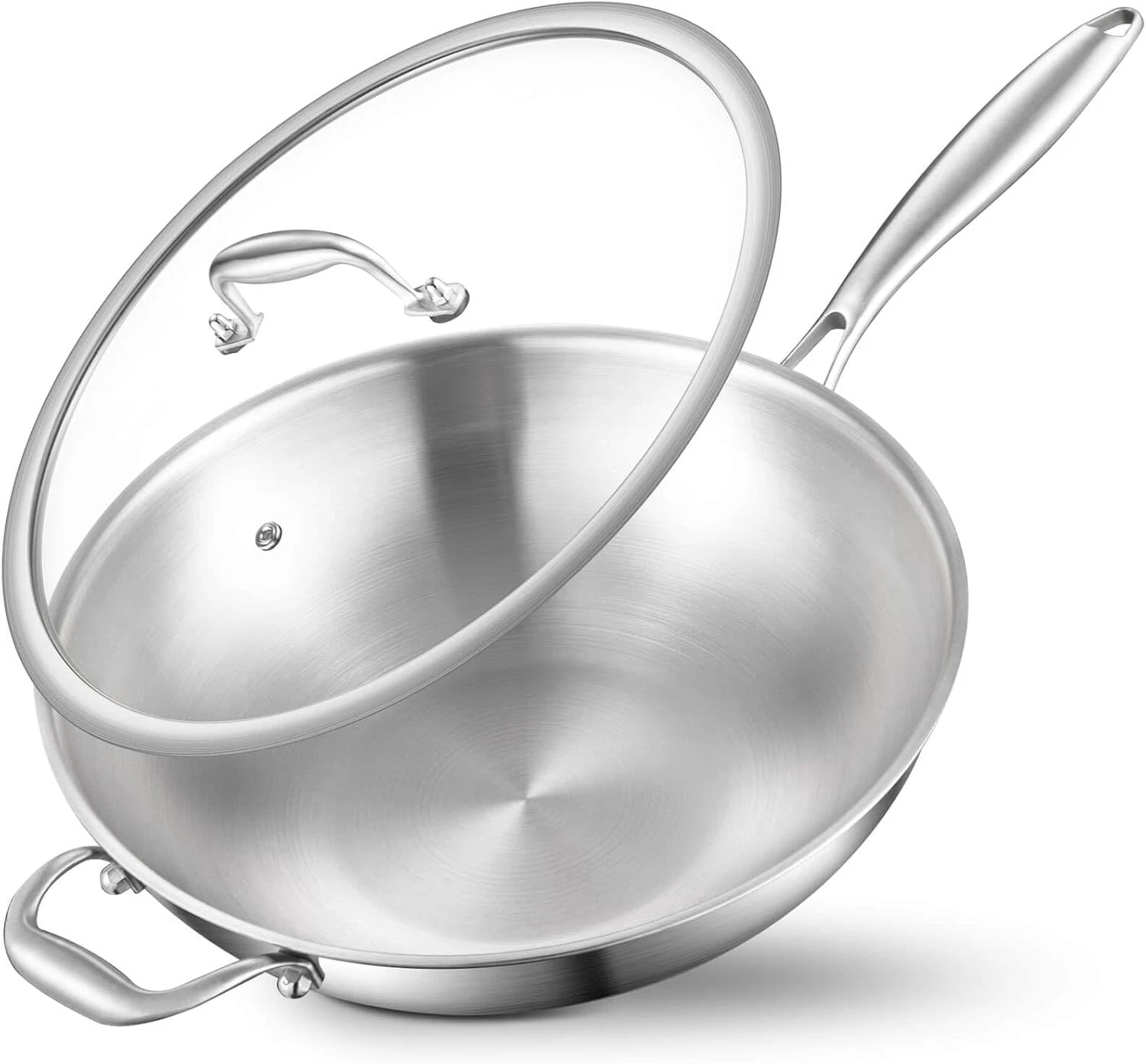 Wok Pan Uncoated with Lid and Handles 3-Tier Stainless Steel Wok Pan...