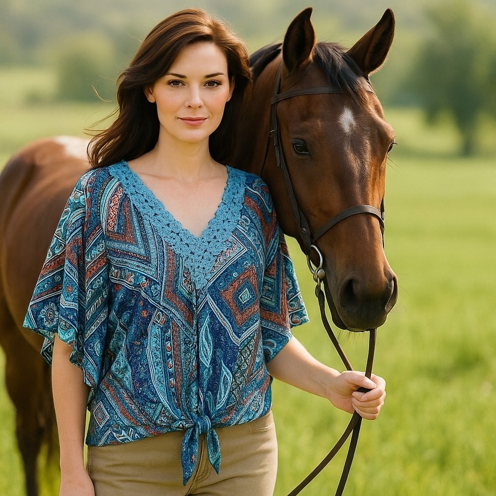 OneWorld Medium Blue Boho Patchwork Lace Tie-Fron… - image 1