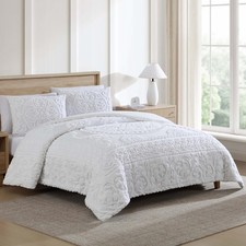 Medallion Tufted Chenille Comforter 3-Piece Set, Cotton, All Season Cozy Bedd...