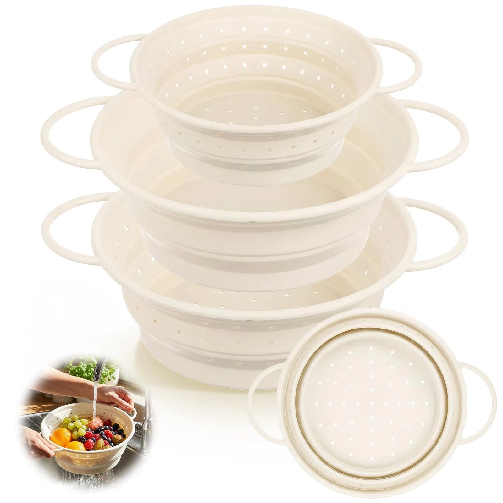 3 Pack Collapsible Colander with Strainer Bowl Set, 11 & 13 In BPA-Silicone C...