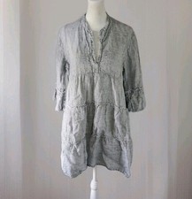 John P. Greece 1/4 Sleeve Short Tiered 100% Linen Dress White Stripe Size S/M