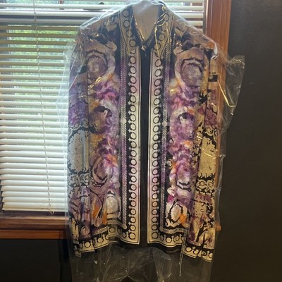 Versace Men's Baroque Purple Black Gold Long Sleeve Silk Shirt