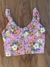 Zara Floral Halter Sz XL Multicolor Tropical Corset Smocked Zip Beach Festival