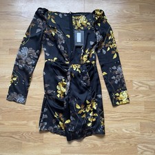 Pretty Little Thing - Black Satin Oriental V Bar Drape Bodycon Dress - UK Size 8