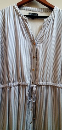 Duffield Lane Maxi Dress XL Blue&White Ticking Tiered Layers Lined Gold Buttons - Picture 5 of 10