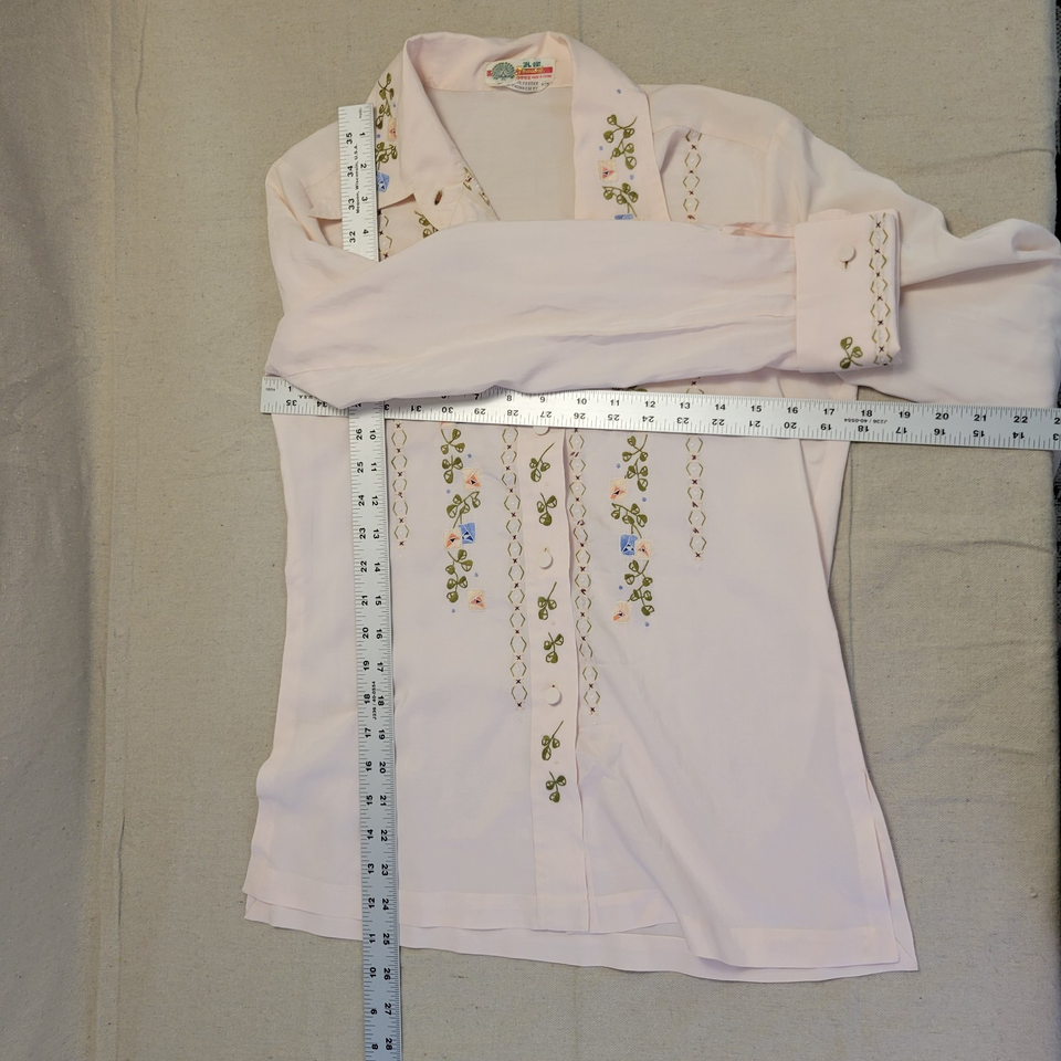 VTG 60s Peacock Blouse Women's Sz 36 Pink Silk Blend Embroidered Sheer ...