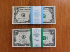 LOT OF 2  1  2 DOLLAR BILLS IN 100 COUNT PACKS EACH UNCIRCULATED 1 PACK EACH